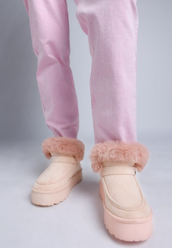 Pink Linka Boots featuring plush cushioned insole and microfiber upper with faux fur trim.