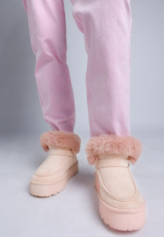 Pink Linka Boots featuring plush cushioned insole and microfiber upper with faux fur trim.