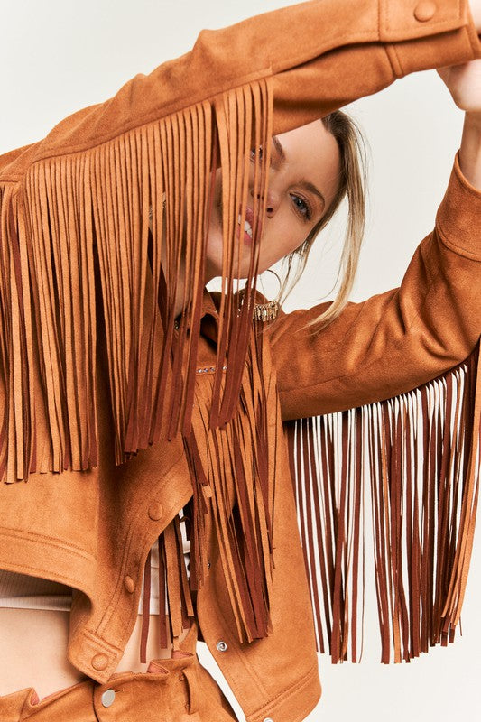 Oakley Plus Size Suede Fringe Jacket camel front view with studded edge detail