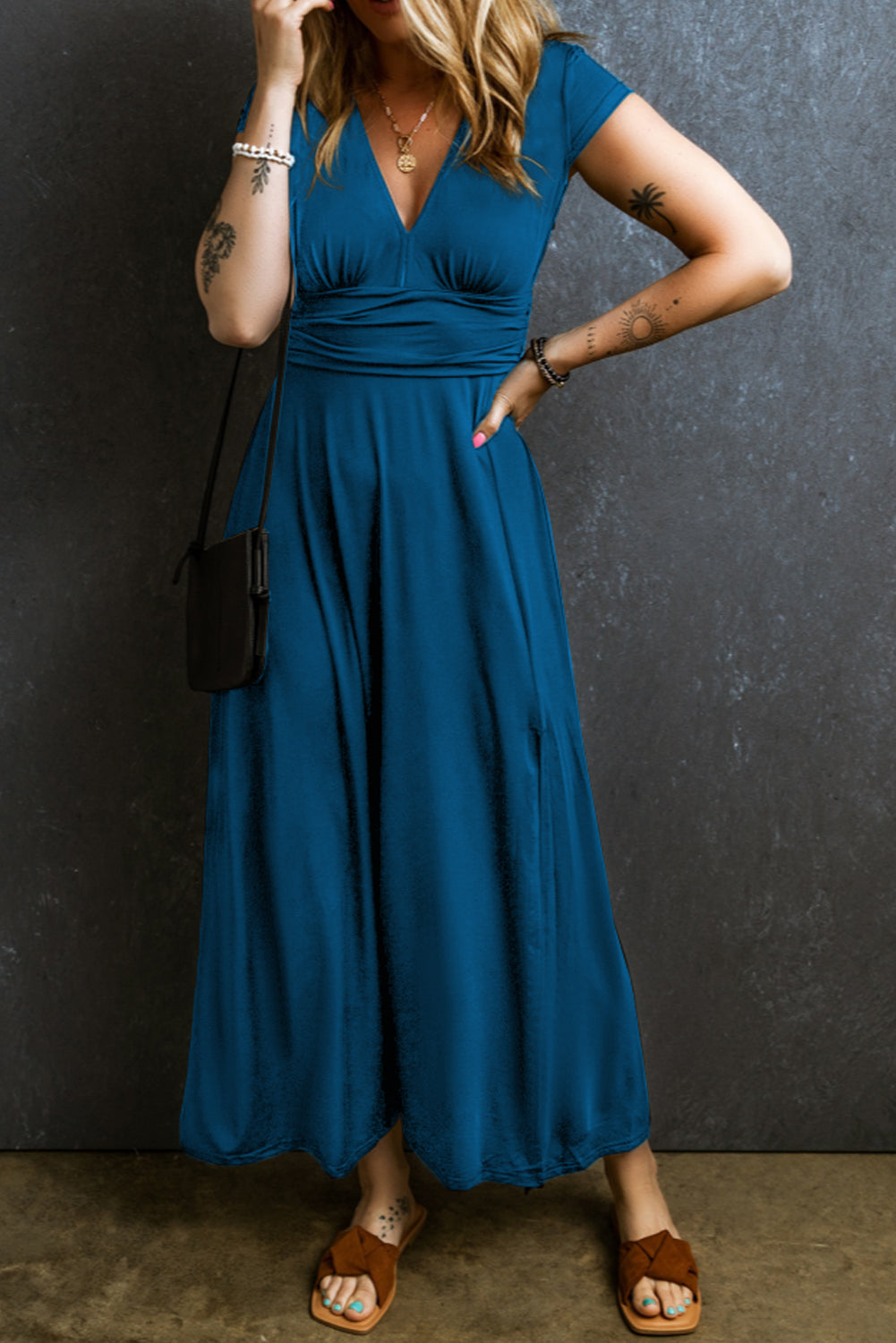 Sequoia Smocked V-Neck Maxi Dress – Boho in Peacock Blue