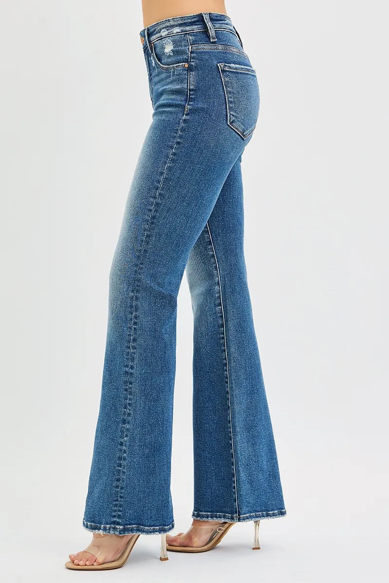 Side view of Jordy Tummy Control High Rise Flare Jeans with sculpting flare silhouette.