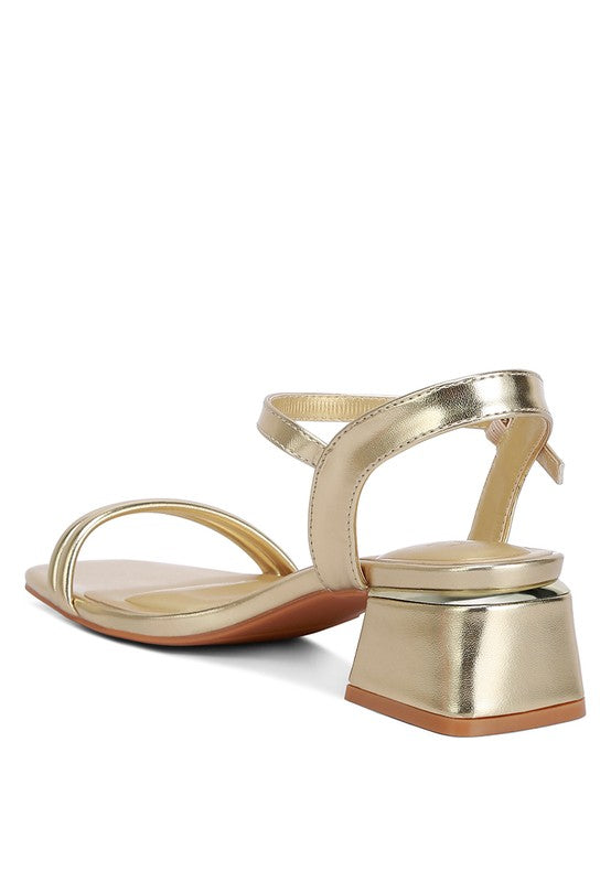 Zabou Metallic Ankle Strap Low Block Heels