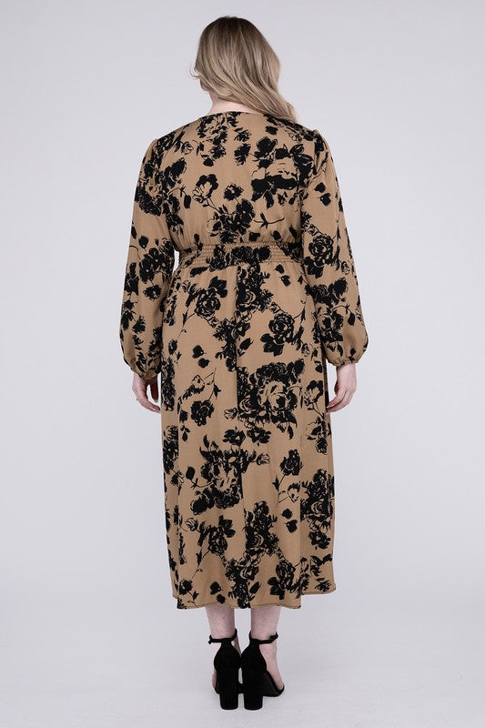 Taupe and black floral print midi dress with a V-neckline, long bishop sleeves, and a smocked high waist for a flattering silhouette.