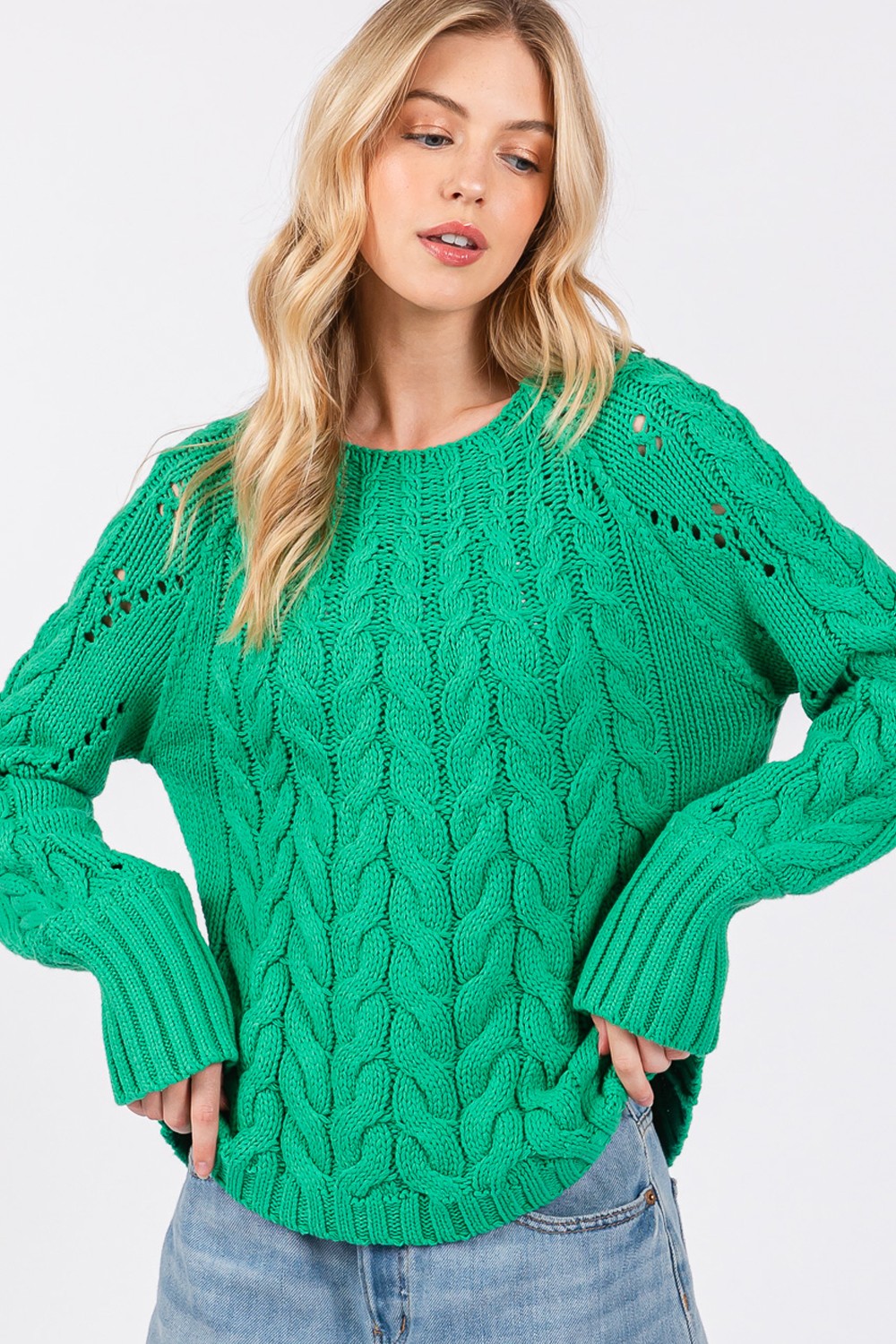 Amelia Cable-Knit Long Sleeve Sweater In Emerald