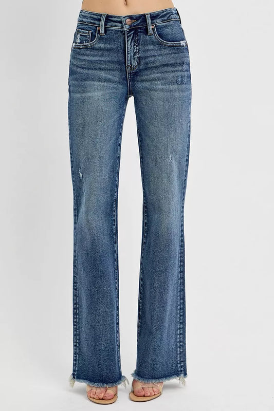 Vivica Tummy Control Jeans in dark wash, high-rise fit with straight leg and raw hem.