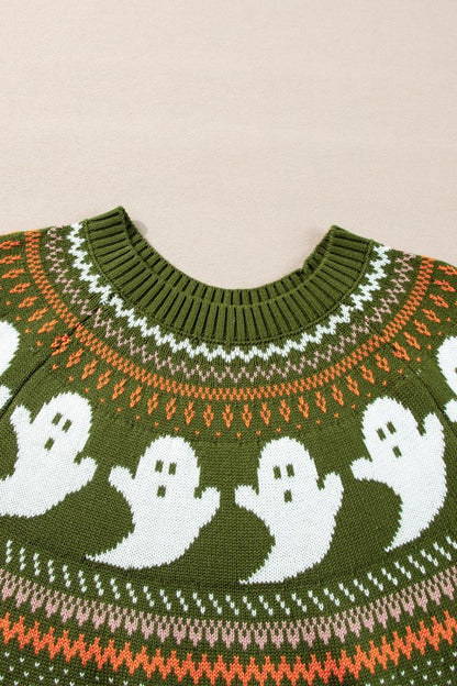 Close-up of neckline and ghost pattern detail on Kaylee Sweater.