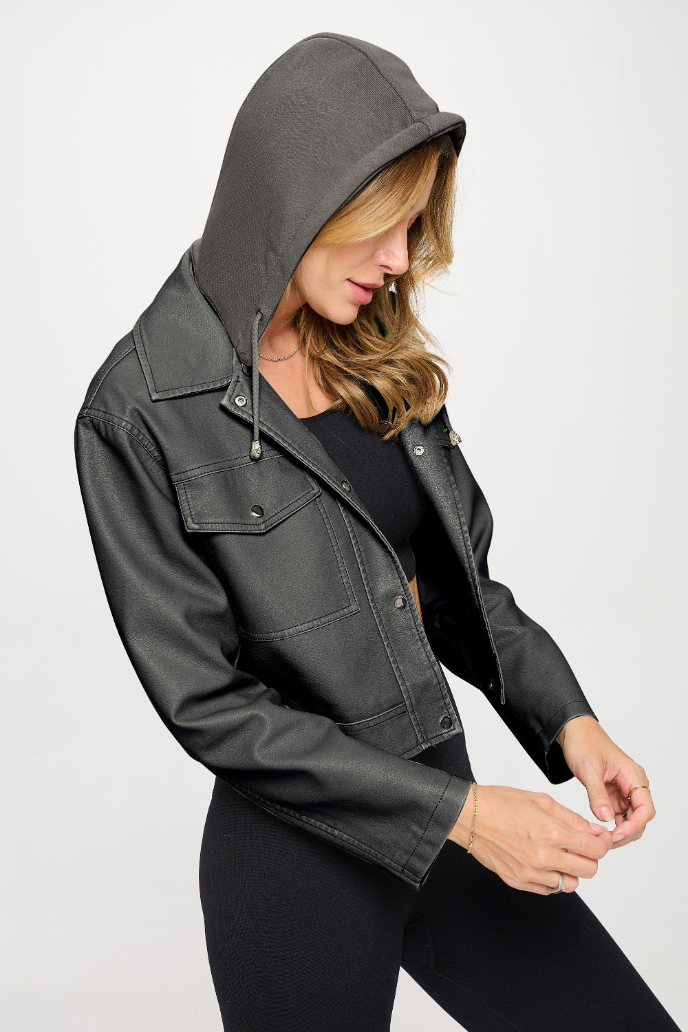 Ellen Snap Down Cropped Hooded Jacket In Bronze