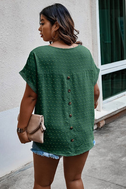 Button-back detail on Tawny Plus Size Swiss Dot Top in green