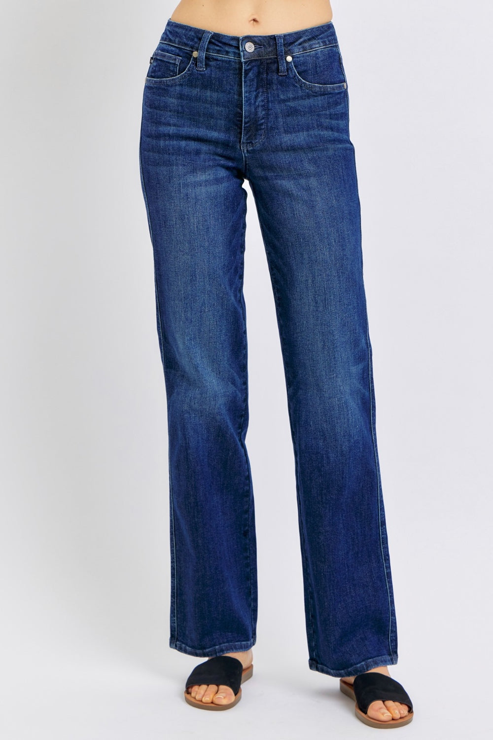 High-waist straight-leg jeans with tummy control, moderate stretch, and a washed finish.