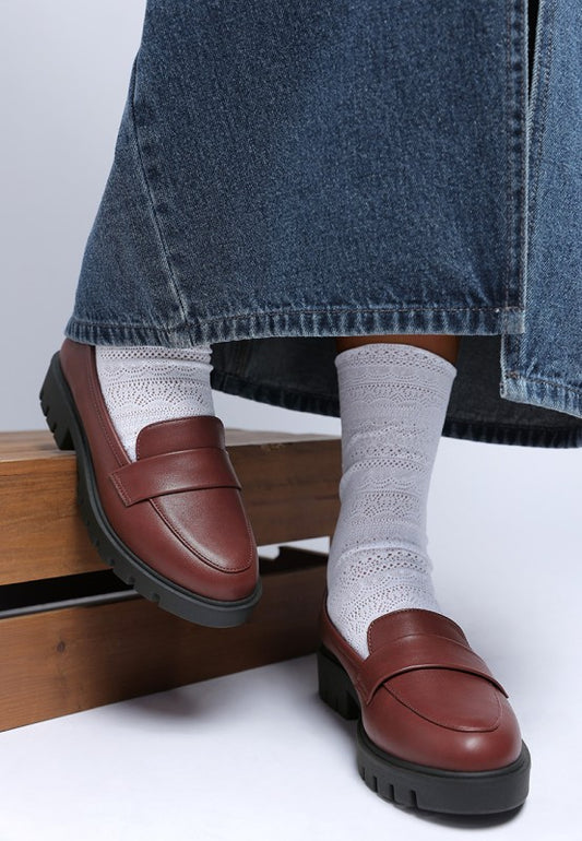Peridot Chunky Loafers in burgundy showing smooth faux leather and round toe design.