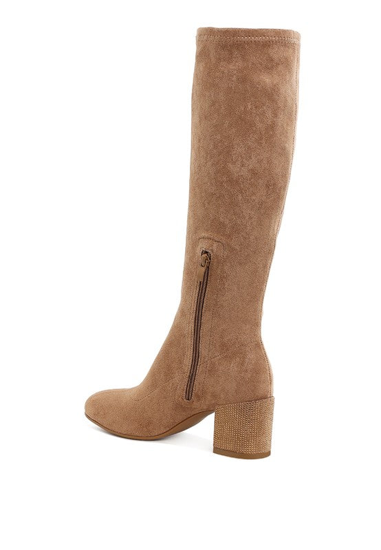 Sinaloa Microfiber Knee High Boots Camel back angle with zipper and embellished heel