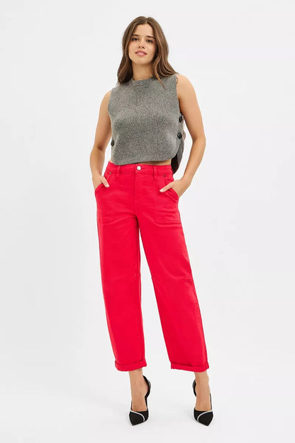 Kimia High Rise Barrel Pants in scarlet styled with heels for bold fashion-forward look.