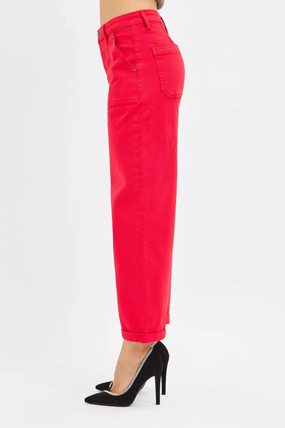 Kimia High Rise Barrel Pants in scarlet with ankle cuff and sleek side profile.