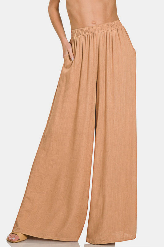 Yolanda Pleated Linen Blend Wide Leg Pants In Dark Brush