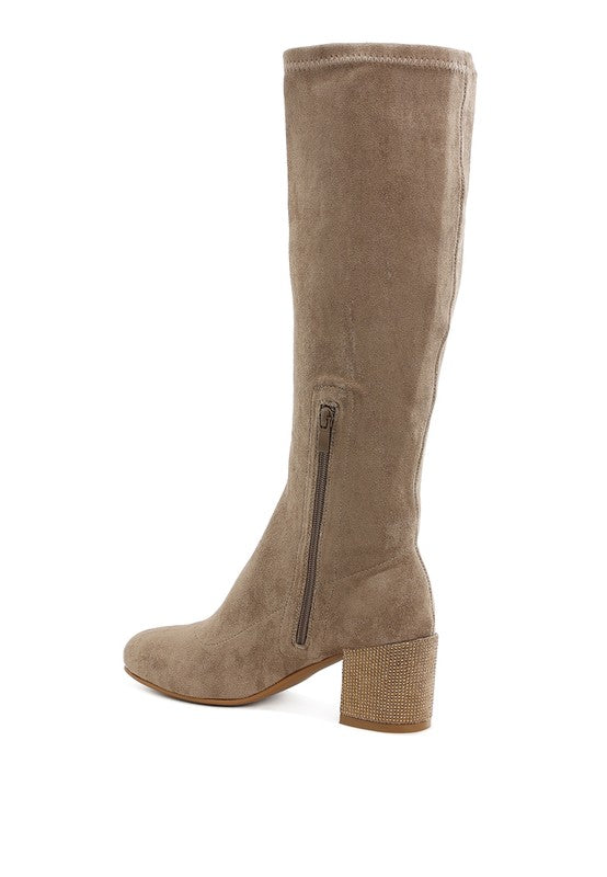 Sinaloa Microfiber Knee High Boots Taupe back angle with zipper and embellished heel