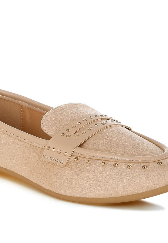 Close-up of Beige Lumina Penny Strap Studded Loafers highlighting stud embellishments and microfiber finish.
