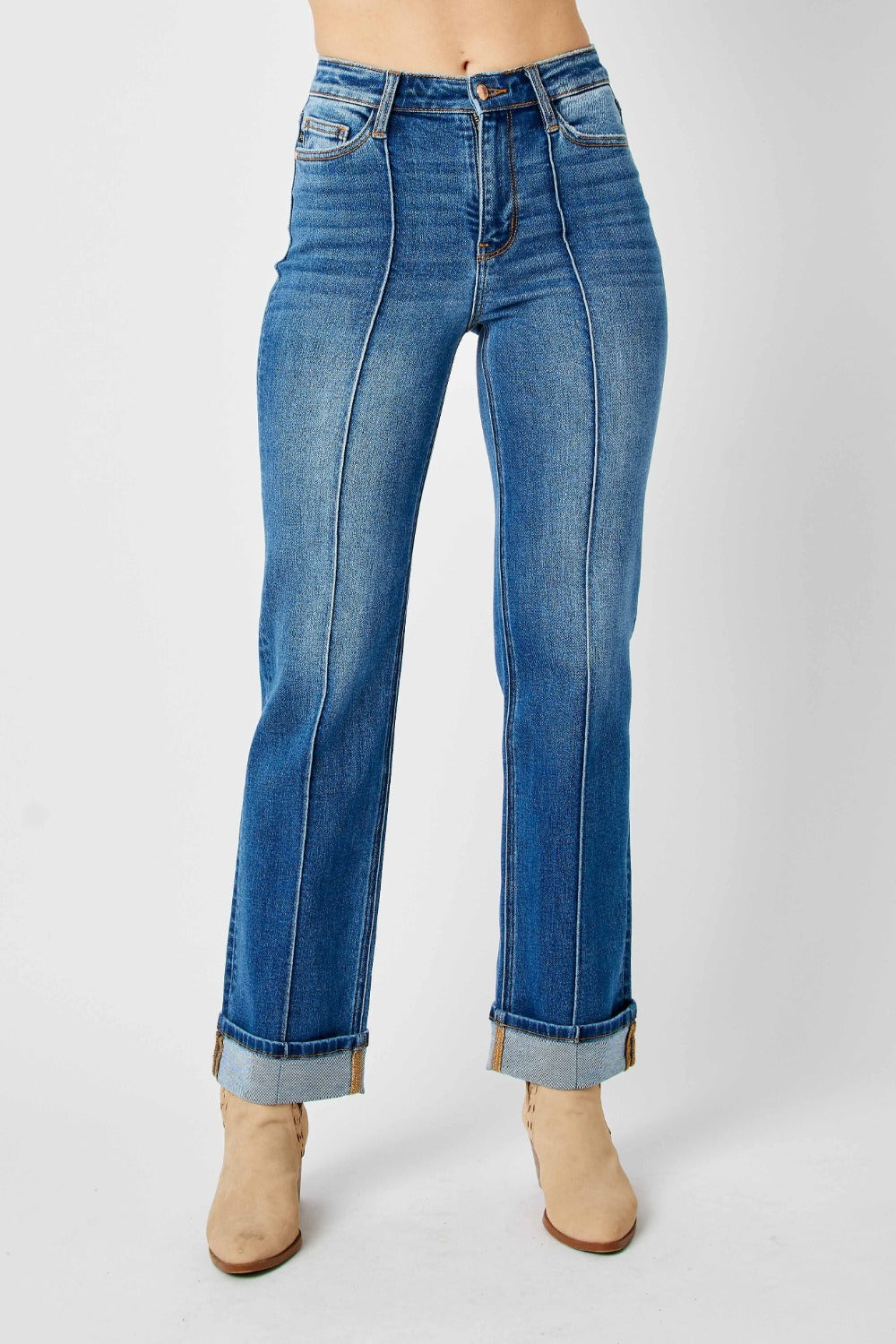 Medium wash high-waist straight-leg jeans with front seam detail and moderate stretch.