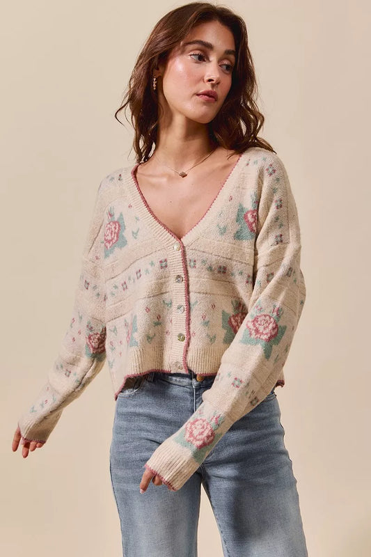 Sonny Floral Beige Cardigan – front view, V-neck button sweater knit with pastel flowers.