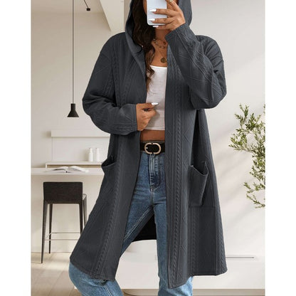 Makeda Hooded Cable Knit Cardigan in gray, alternate front view showing chunky knit texture.