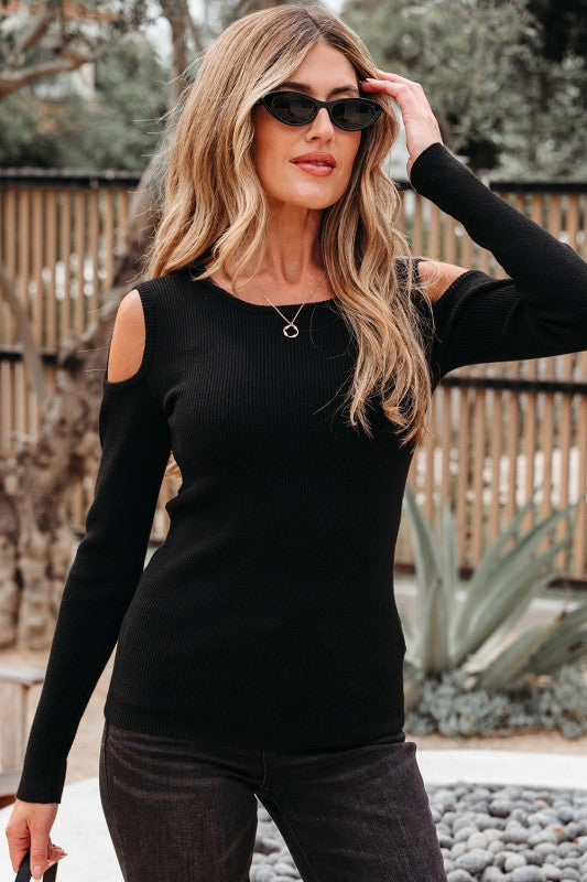 Front view of Amaya Ribbed Knit Cold Shoulder Sweater.