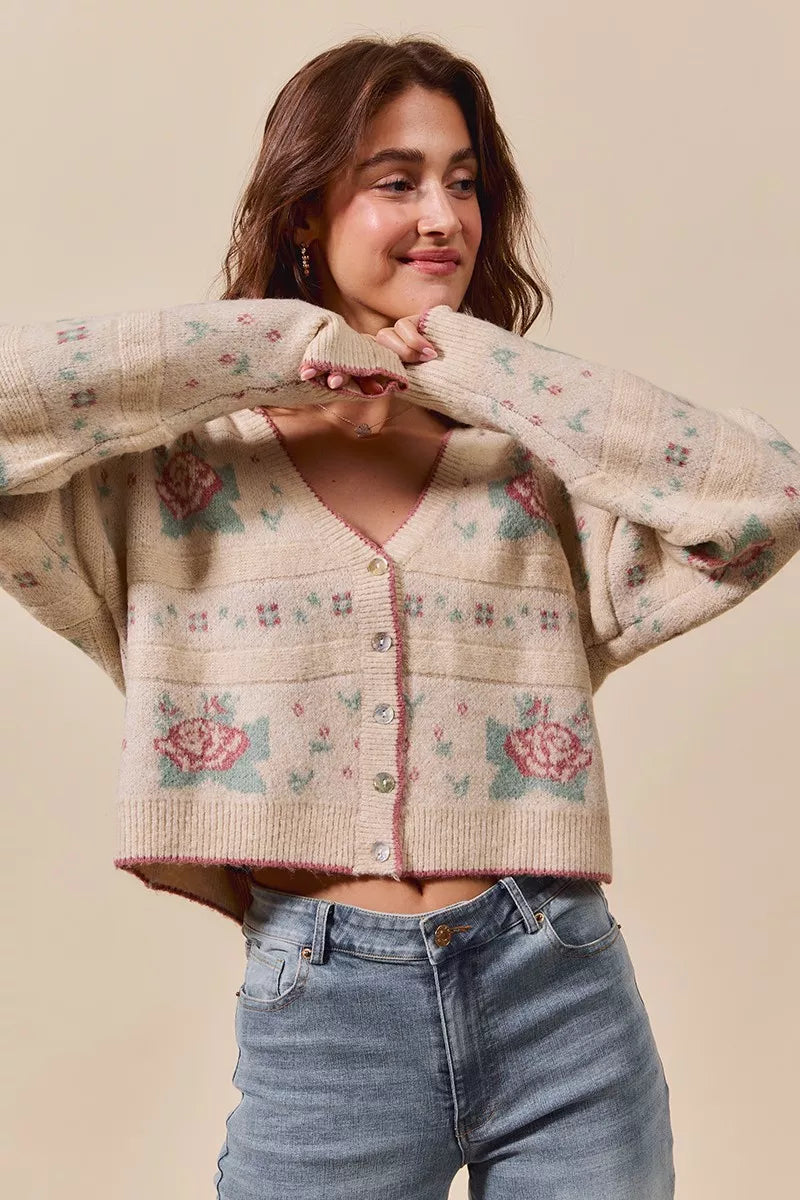 Sonny Floral Pattern Beige Cardigan – Long sleeves with pastel floral pattern.