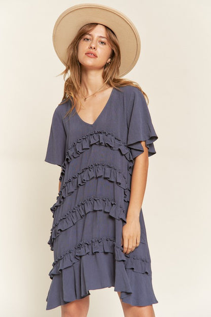 Gentry Tiered Ruffle Mini Dress – V-Neck Flared Sleeves