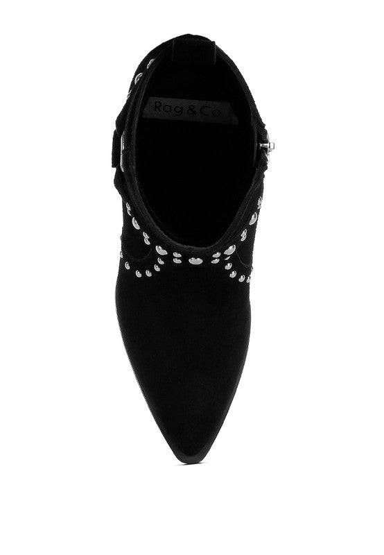 Rodeo Studded Suede Ankle Boots Black top view with almond toe and suede finish
