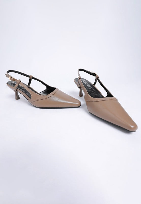 Flat lay of Luxton Slingback Pin Buckle Kitten Heels in Taupe showing top view and gold buckle strap