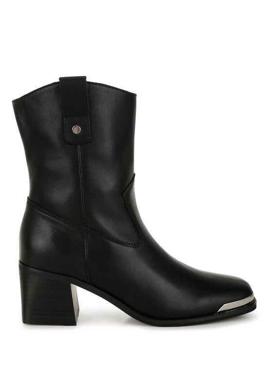 Side view of Iliad Leather Ankle Boots highlighting smooth leather and Western stitching.