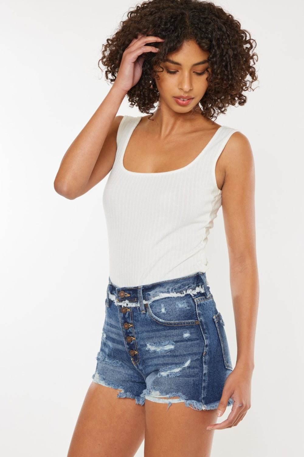 Brynn Distressed Button Fly Denim Shorts by Kancan