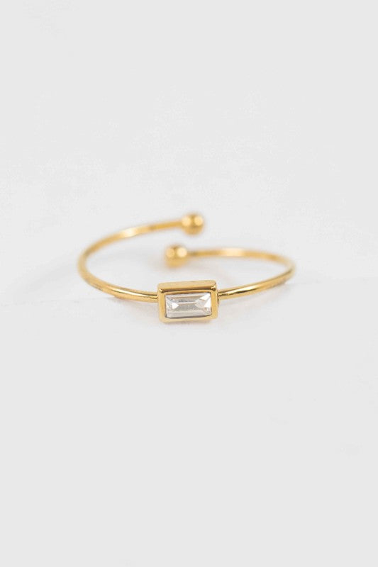 Rectangle Charm Adjustable Ring with baguette stone on gold band