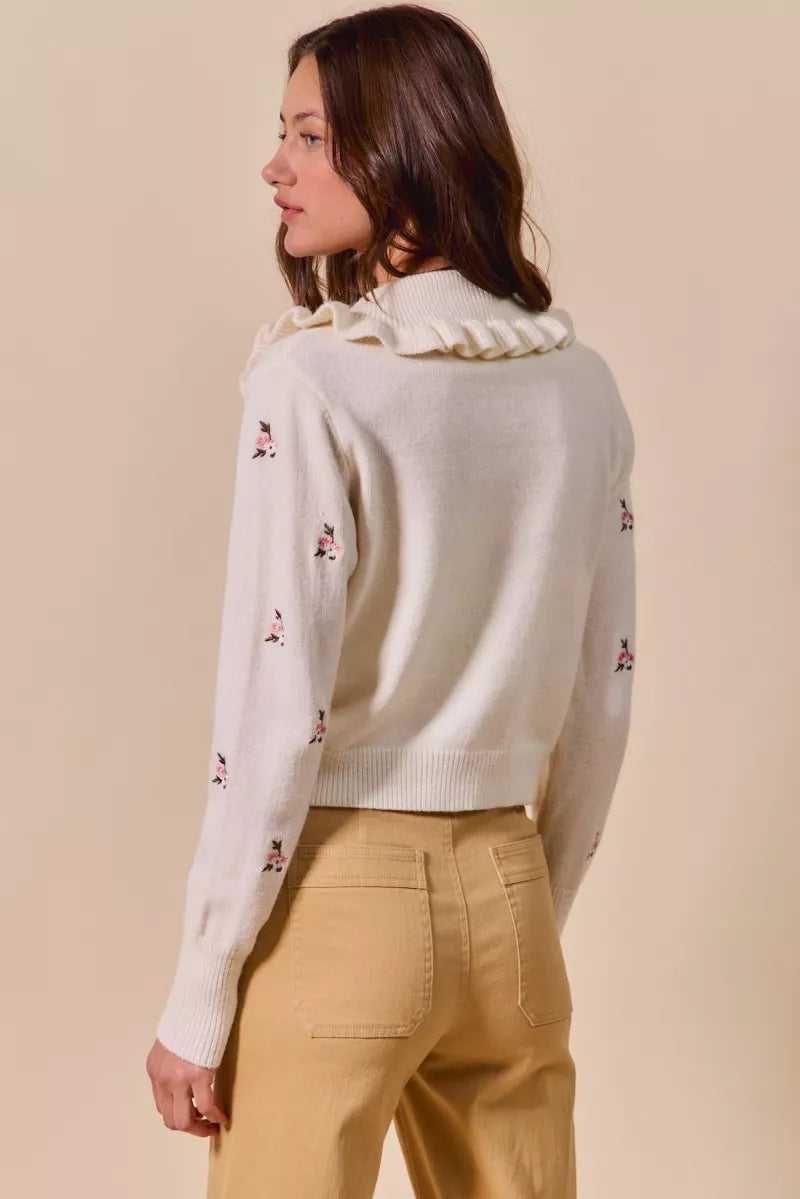 Billie Floral Sweater Cardigan cream back view featuring embroidered sleeves and soft knit finish
