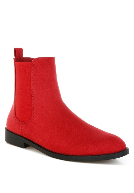 Front angle of Ayasa Low Block Heel Chelsea Boots in Red faux suede with elastic side gussets