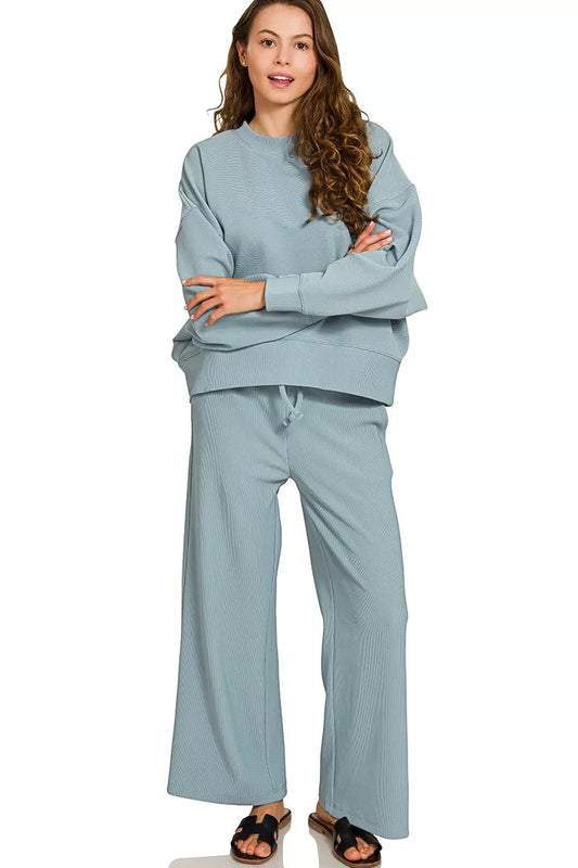 Jenny Ribbed Pullover & Pants Set in Blue-Gray, front view two-piece lounge outfit.