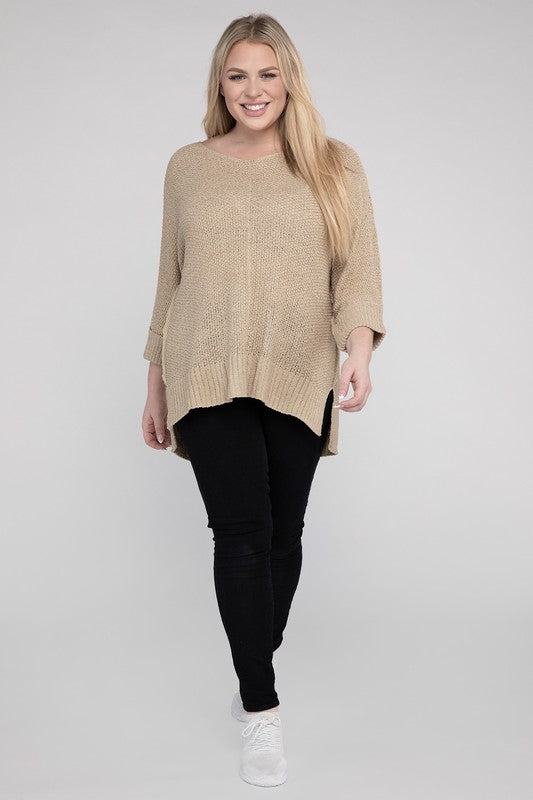 Oatmeal plus size crew neck sweater with a loose fit, side slits, long sleeves, and a cozy knit fabric for warmth.