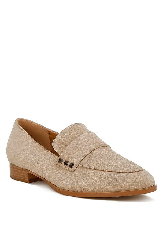 Sand Durance Suede Loafers with stud detail and almond toe, front angle view