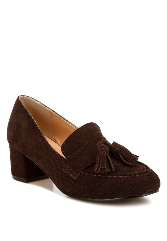 Front angle of Brown Ziva Suede Loafer Heels with tassel detail and 2-inch block heel.