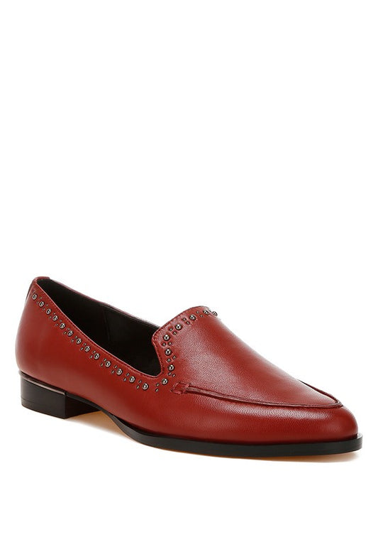 Burgundy Wolferton studded leather loafers front angle view