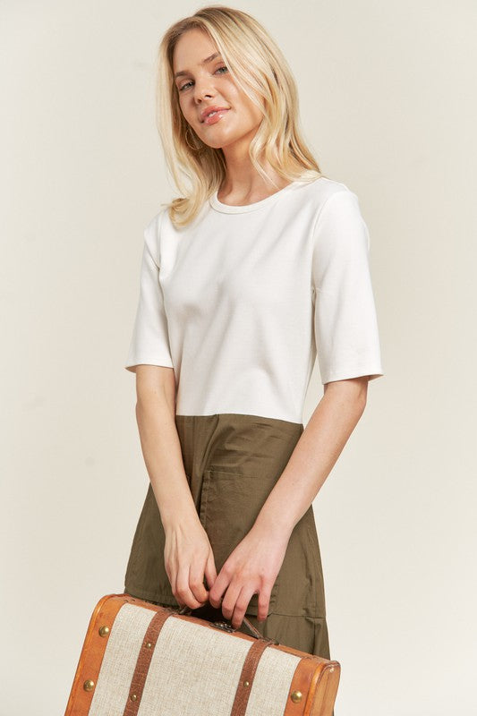 Close up of Felicity Plus Size Knit Mix Dress in olive showing contrast knit top and skirt