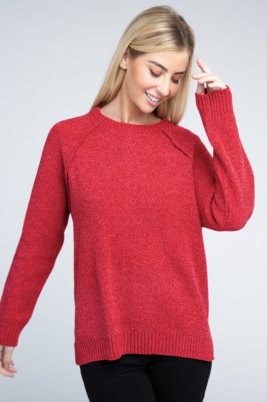 Dark red round neck chenille sweater with long raglan sleeves, relaxed fit, and hip-length cut.