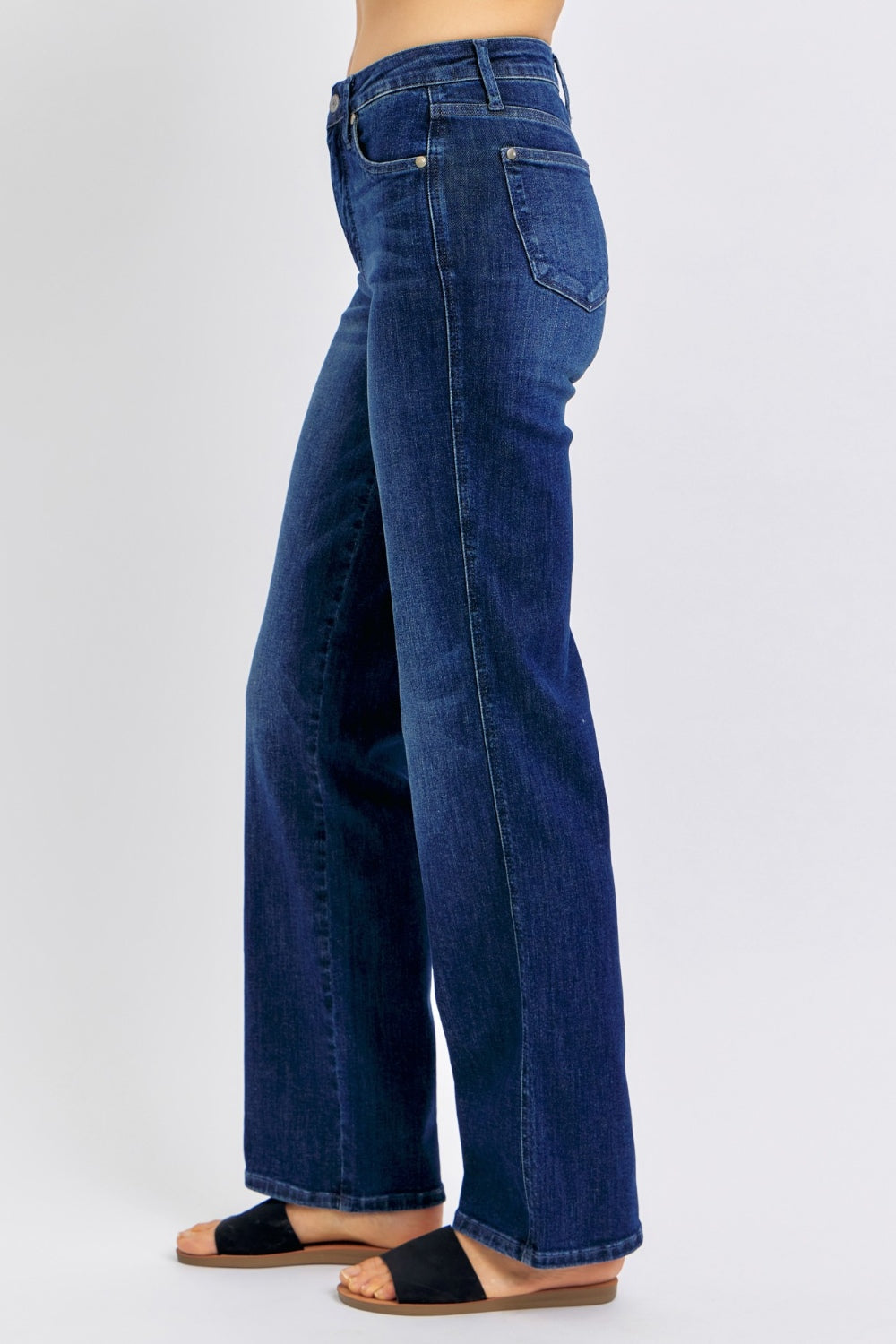 High-waist straight-leg jeans with tummy control, moderate stretch, and a washed finish.