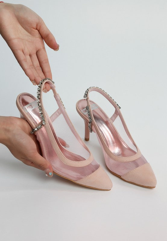 Pink Yaga Slingback Stilettos front angle view with pointed toe and 3-inch stiletto heel