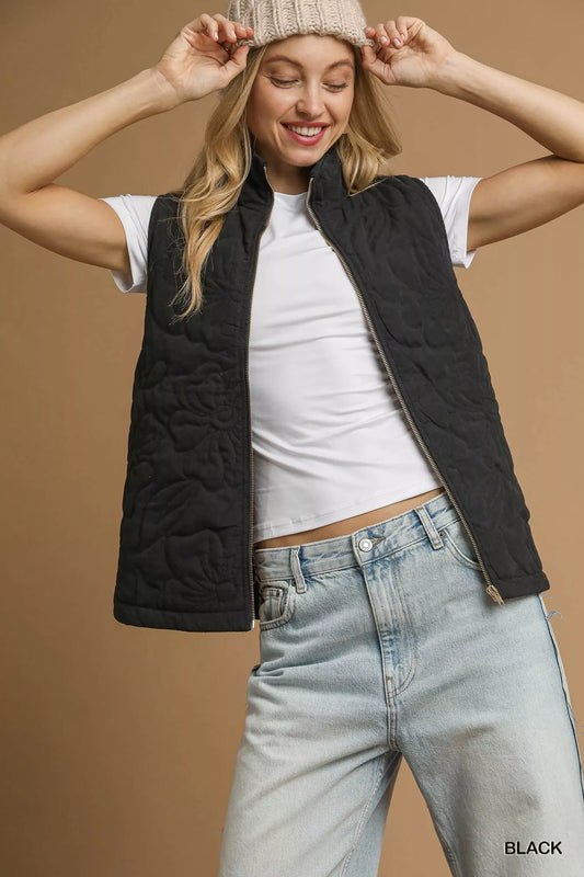 Noor Quilted Floral Zip Up Vest in black with floral stitching, front view
