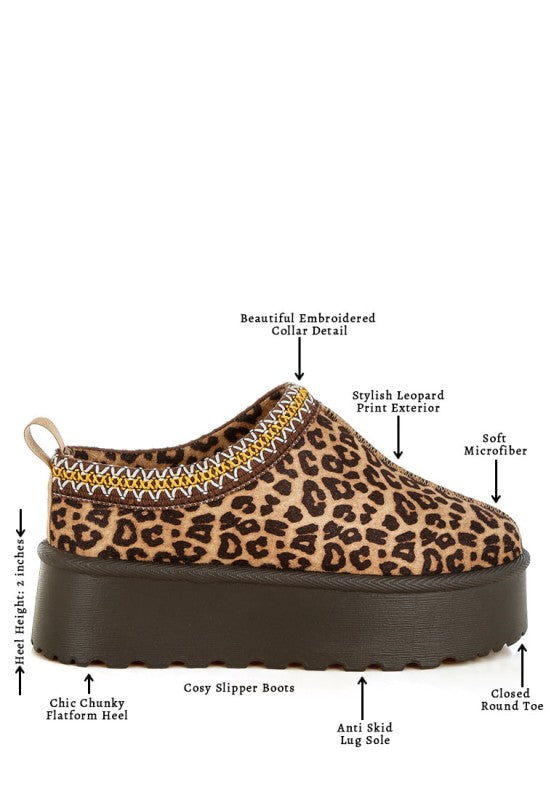 Ottawa Leopard Platform Slip-Ons diagram labeling embroidered collar, flatform heel, and lug sole features.