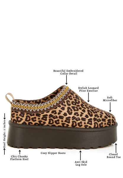 Ottawa Leopard Platform Slip-Ons diagram labeling embroidered collar, flatform heel, and lug sole features.