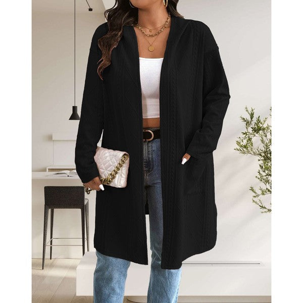Makeda Hooded Cable Knit Cardigan in black, alternate front view showing long open design.