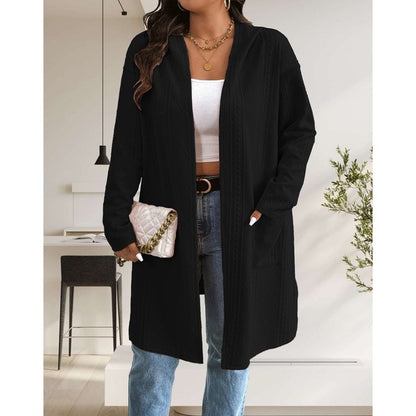 Makeda Hooded Cable Knit Cardigan in black, alternate front view showing long open design.