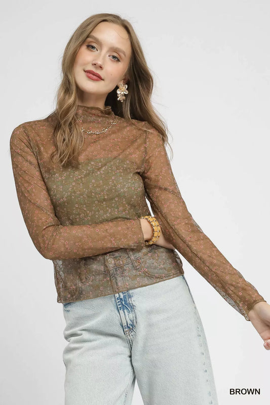 Brown nylon lace mesh long sleeve top front view with mock neck detail.