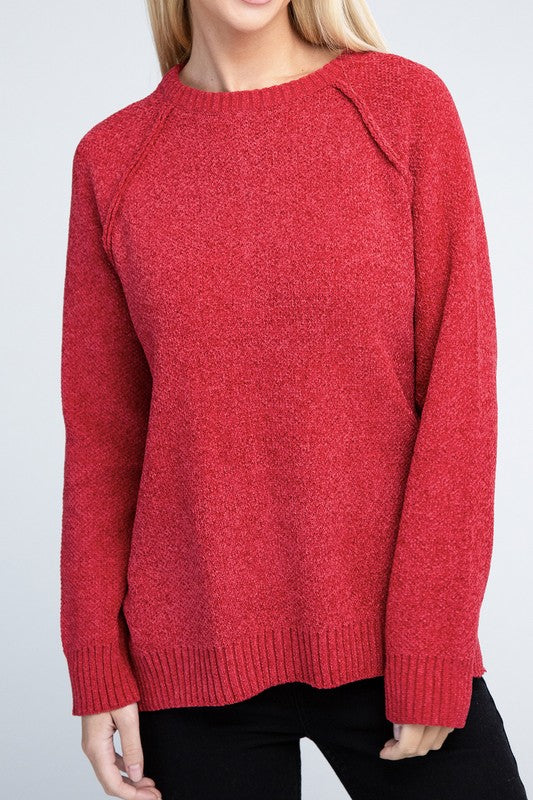 Dark red round neck chenille sweater with long raglan sleeves, relaxed fit, and hip-length cut.