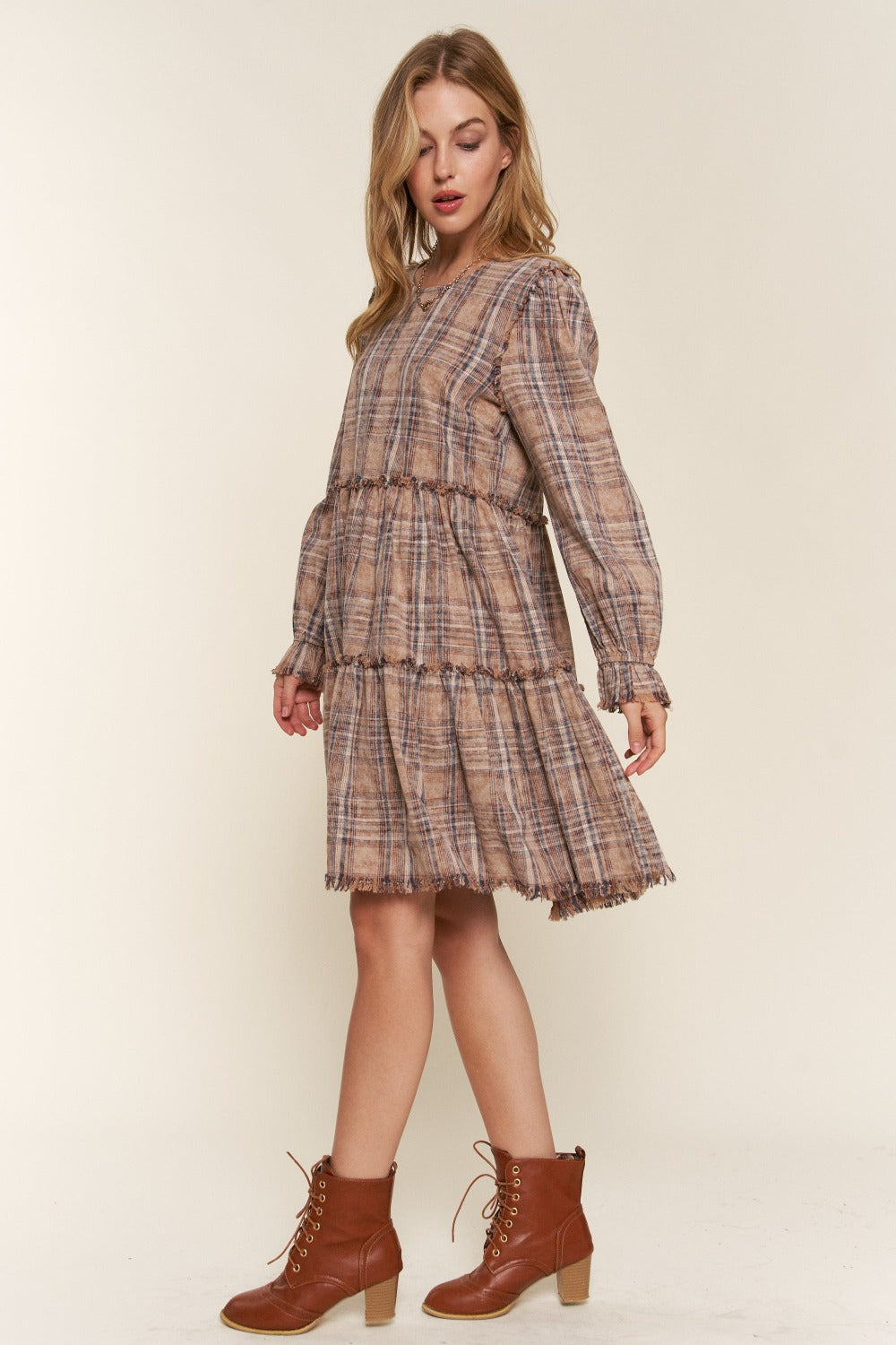 Andrea Washed Frayed Tiered Plaid Dress